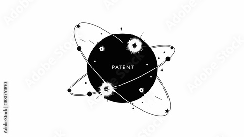 Abstract illustration of the word PATENT centered within a stylized atomic structure, symbolizing innovation and discovery.