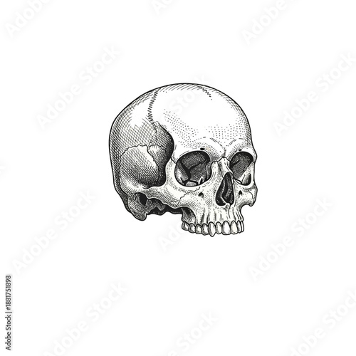 Human skull illustration in vintage engraving style, three-quarter view medical cranium sketch, anatomical bone art