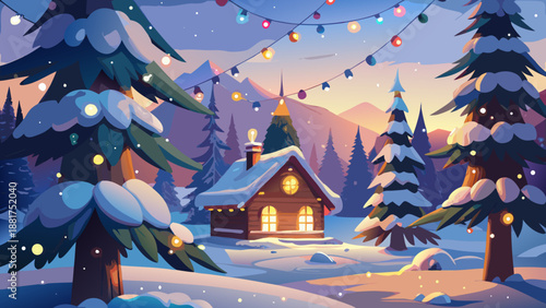 winter landscape with house and tree