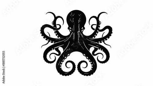Mysterious black octopus silhouette with swirling tentacles on a white background.