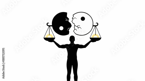 Silhouette of a person balancing contrasting concepts on scales, representing duality and harmony.