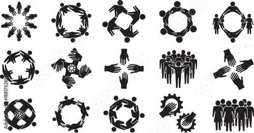 Teamwork and partnership icons in black and white colors