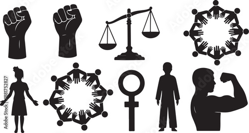 Equality and justice symbols in black silhouette style icons