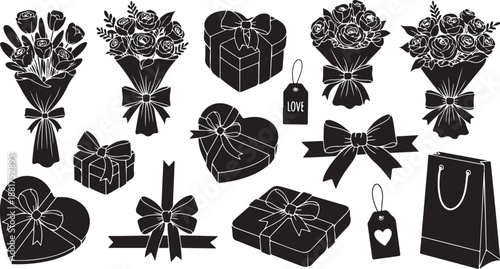 Black and white Valentine's Day gift icons and symbols