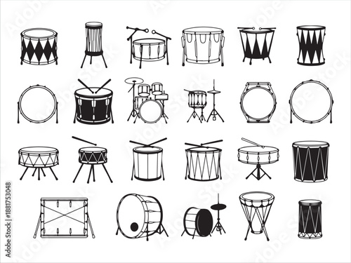 Collection of various drums and percussion instruments