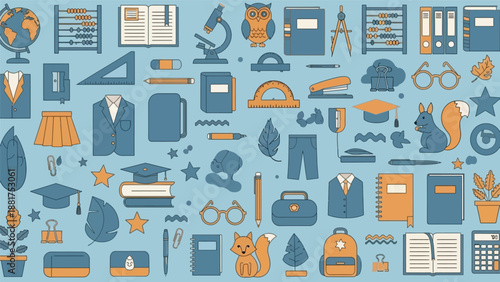 Seamless pattern illustration set featuring flat vector icons of musical instruments and business tools for web design and mobile technology concepts