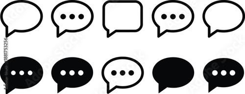 Minimalist collection of chat bubble and speech balloon icons with ellipses, symbolizing dynamic communication, incoming messages, and interactive dialogue for digital interfaces