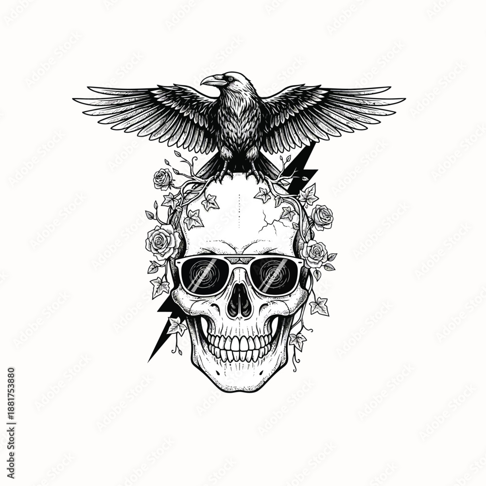Fototapeta premium Skull and raven illustration with sunglasses and roses, vintage tattoo style engraving, gothic macabre art