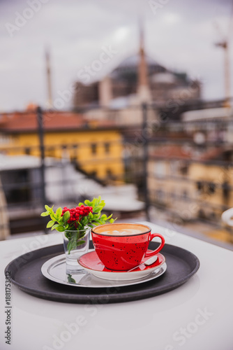 Cup of coffee with foam in the Hagia Sophia (Ayasofya) background, Fatih
