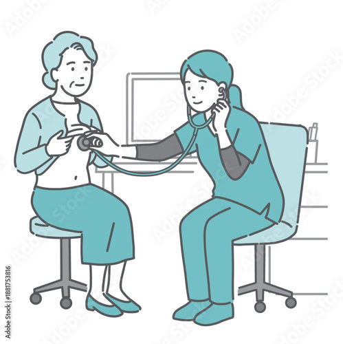 スクラブを着た女性医療従事者（医師・看護師）による高齢女性の聴診・診察のイラスト