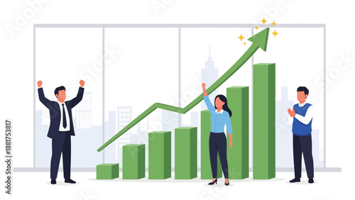 Three triumphant professionals celebrate in a modern office as a rising green arrow soars over a bar chart, symbolizing dynamic business growth and shared success