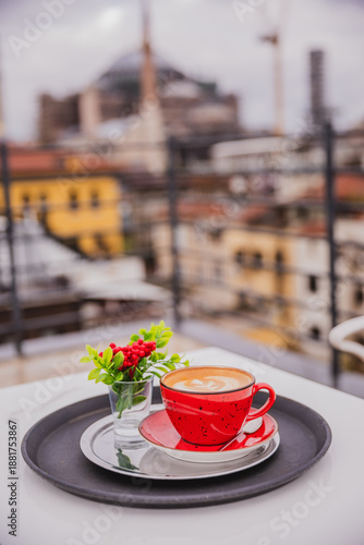Cup of coffee with foam in the Hagia Sophia (Ayasofya) background, Fatih