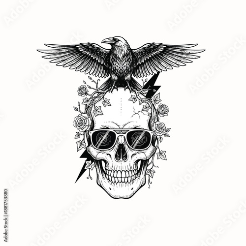 Skull and raven illustration with sunglasses and roses, vintage tattoo style engraving, gothic macabre art