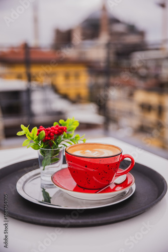 Cup of coffee with foam in the Hagia Sophia (Ayasofya) background, Fatih