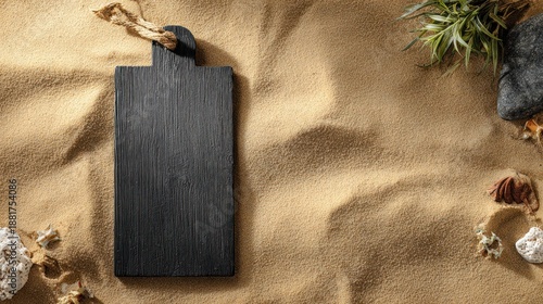 Flat lay image showing a black cutting board with beach elements on sand, top down