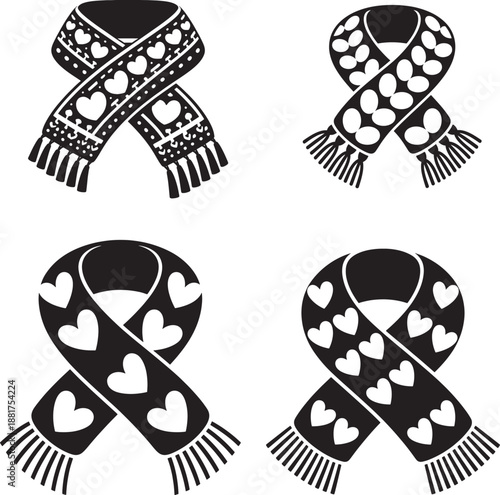 A black and white illustration of a knitted scarf with decorative heart patterns