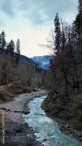A beautiful vertical shot of a crystal clear mountain river flowing through a scenic valley surrounded by autumn forest and snow-capped peaks.