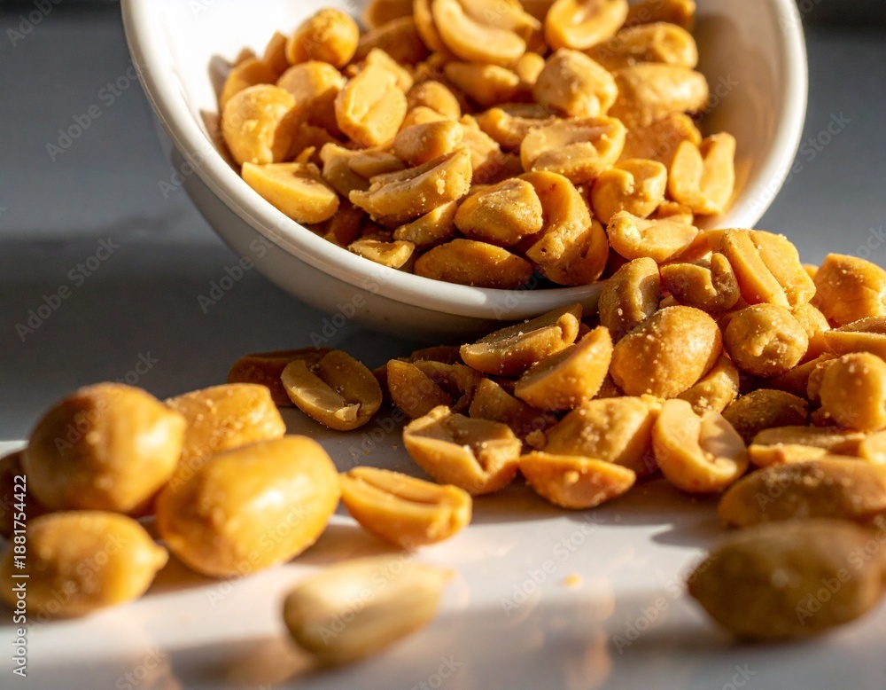 Fototapeta premium 화이트 볼에서 쏟아진 소금 볶은 땅콩 Salted Roasted Peanuts Spilling From White Bowl
