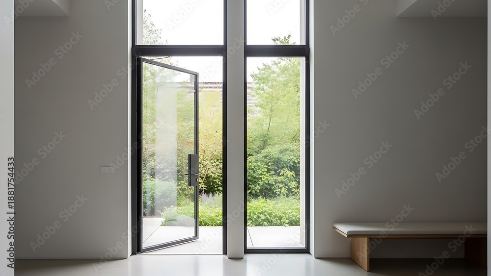 Fototapeta premium Minimalist interior design featuring an open door and a garden view