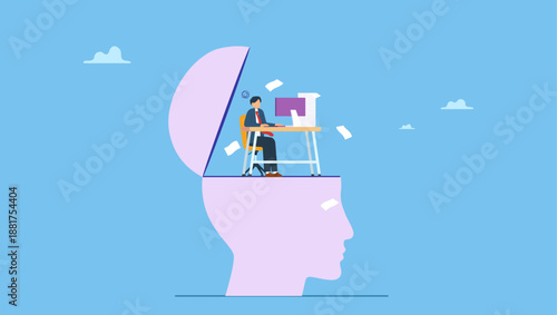 Overwhelmed businessman working hard on his busy head. Work anxiety, stress or burnout, exhausted job or overload tired, job fatigue from overworked, depression and mental health.