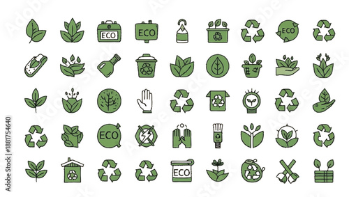 This vector set features a green floral font and alphabet icons symbolizing eco nature and environmental recycling through leaf and earth signs for sustainable web design