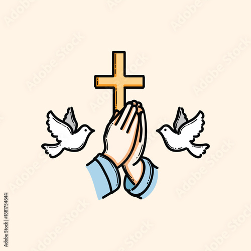 Praying Hands With Cross and Doves Symbolizing Faith, Prayer, Hope, and Peace, For Easter Theme