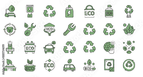 Set of green ecology icons featuring vector symbols for eco energy, recycling leaves, and nature design elements including a bio house, earth, and water