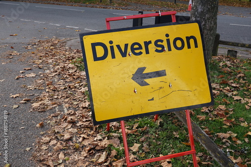 road diversion sign for motorists. Detour due to road maintenance works in the UK 