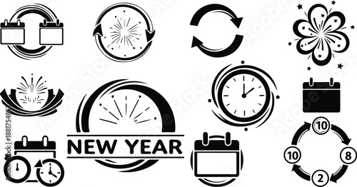 New Year Time Clock Icons and Symbols Set Collection