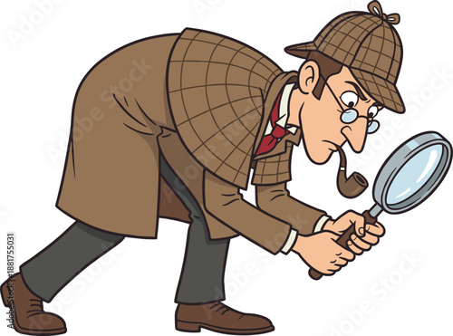 Cartoon detective character inspecting clues with magnifying glass isolated on white background for investigation mystery concept illustration design vector art graphic asset