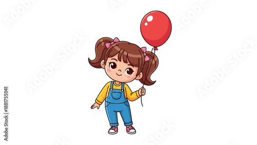 Cute Cartoon Girl Holding a Red Balloon.