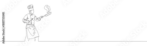 Continuous line drawing of a chef cooking with a pan, symbolizing culinary art, professional cooking, and passion for food