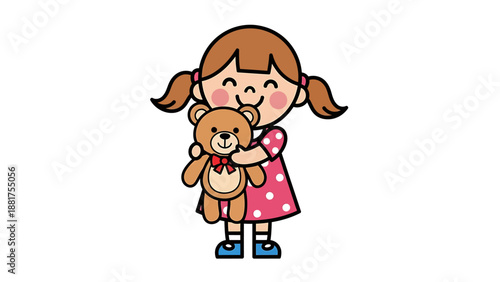 Happy little girl embracing her beloved teddy bear toy.