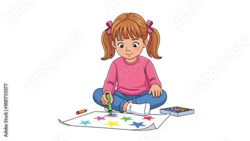 Little Girl Drawing Stars with Crayons on Paper.
