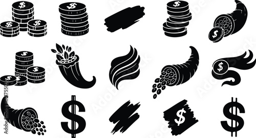Black and white money icons and symbols illustration set