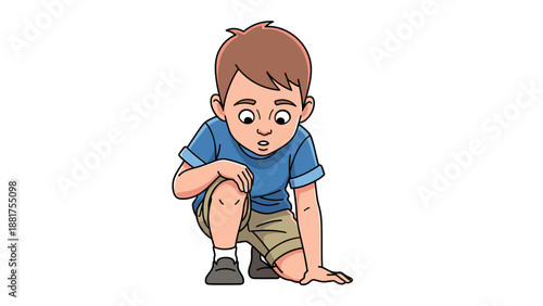 Little boy looking at his injured knee after falling down.