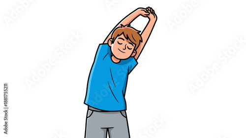 Young man stretching arms above head for exercise and relaxation.