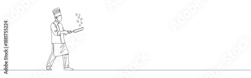 Continuous line drawing of a chef cooking with a pan, symbolizing culinary art, professional cooking, and passion for food