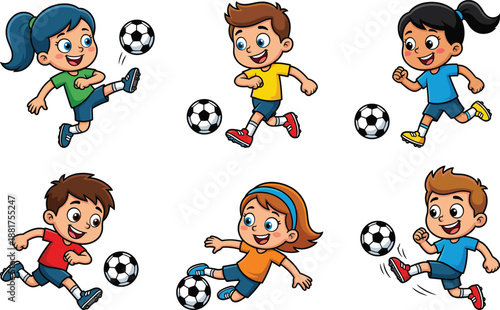 Cute cartoon children playing soccer with balls isolated on white background for kids sports education illustration vector design set game characters collection
