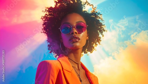 A radiant, confident woman with curly hair and sunglasses, dressed in a vibrant orange suit, against a colorful, illuminated backdrop