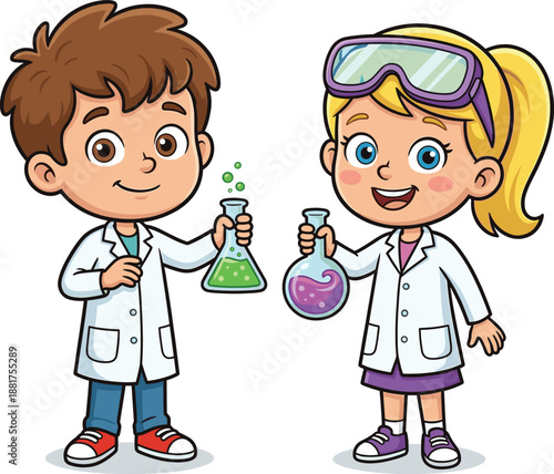 Cute cartoon children scientists illustration holding chemistry flasks conducting fun science experiment isolated on white background for kids education learning artwork