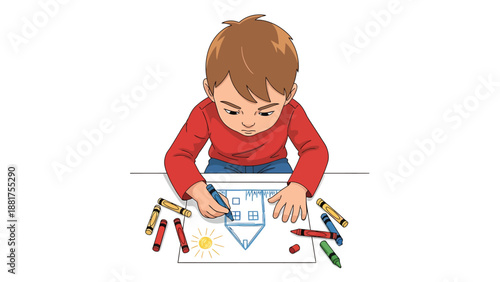 Young Child Drawing on Paper with Crayons.