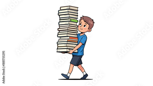 Young Boy Carrying Tall Stack of Books Illustration.