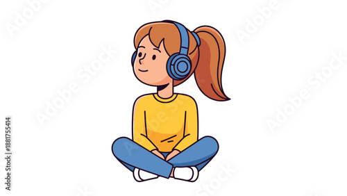 Young Woman Enjoying Music with Headphones Sitting Cross-Legged.