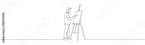 Continuous line drawing of an artist painting on an easel, symbolizing creativity, art, and artistic expression