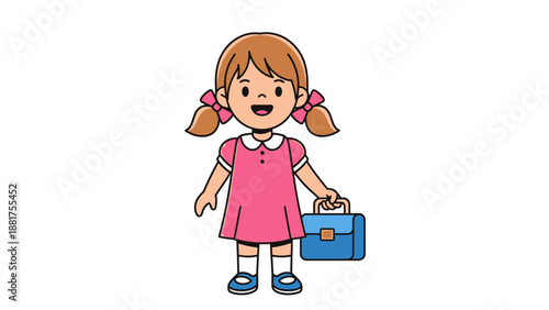 Happy Schoolgirl with Pigtails and School Bag Ready for Class.
