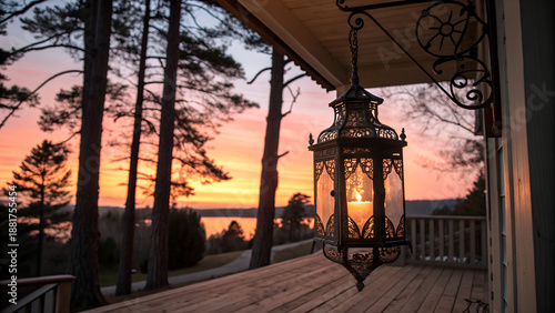 Vintage ornate lantern hanging on a wooden porch at sunset with foggy forest view,Ramadan Kareem, Islamic celebration, 3D icon, Crescent moon, Star, Eid Mubarak, Religious symbol, Minimalist, 3D rende