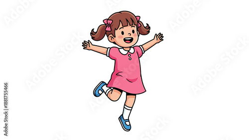 Joyful Little Girl with Pigtails and Pink Dress Happily Jumping.