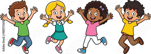 Cute diverse children jumping together cartoon illustration happy boys and girls celebrating friendship childhood joy playful education concept kids diversity fun design