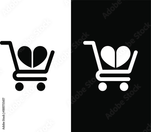 Simple vector icon of a shopping cart with a heart, representing consumer desire, love for products, or a wish list in e-commerce and retail graphics